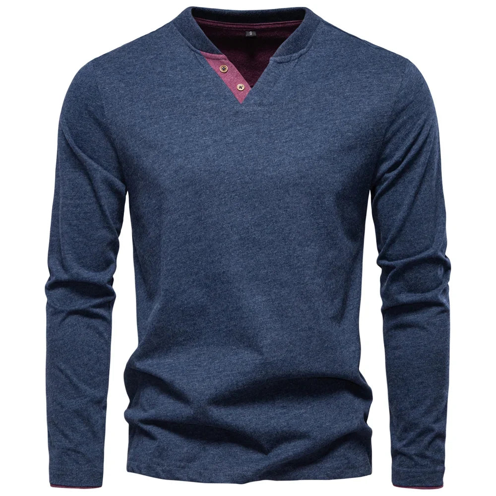 100% Cotton T-shirt Men Casual Solid Color Long Sleeve Sweater Autumn Fashion High Quality Henley Collar Mens T-shirts