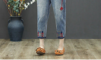 Fashion Summer Ladies Ripped Loose Jeans Womens Leisure Embroidery Denim Trousers Vintage Females Elastic Harem Pants