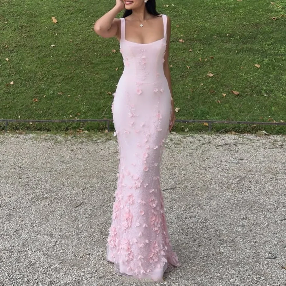 Customized square collar mermaid Evening Dresses spaghetti strap Party Dress 3D Flowers Sequined Lace Appliques Long Prom Gown