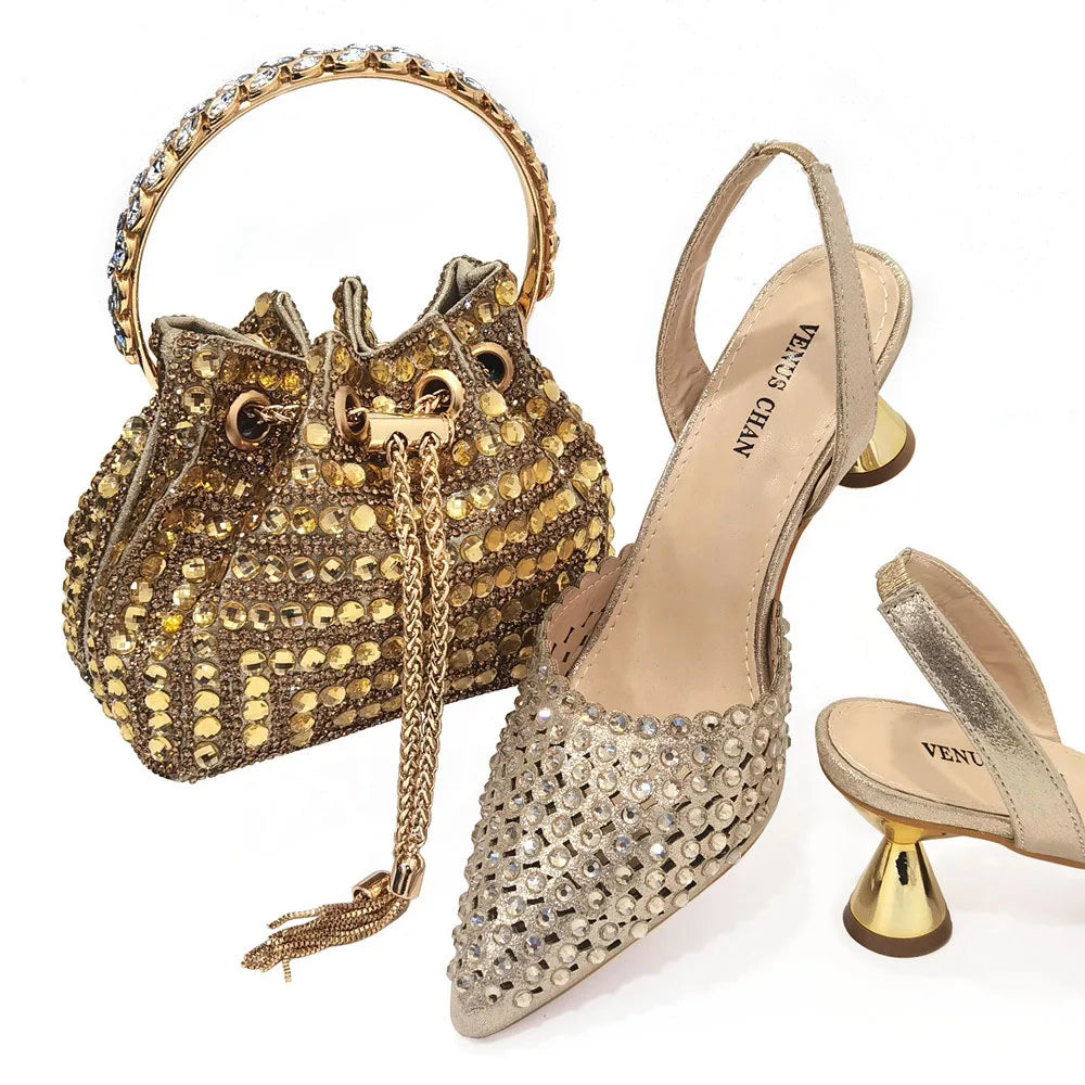 Shoes for Women High Heels 2023 Pointed Luxury Designer Colorful Stones Evening Party Matching Shoes and Bags Sets
