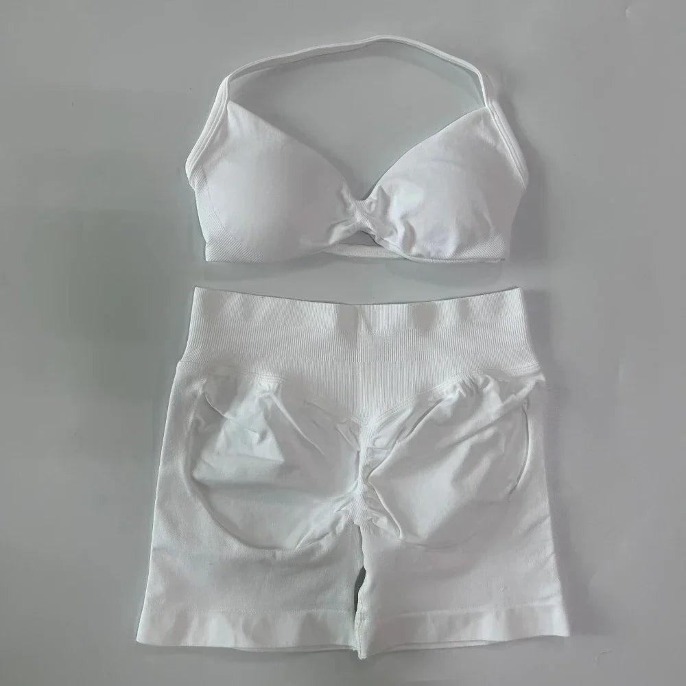 NO LOGO 2PCS Gym Set Women Strappy Yoga Bra Top High Waist Workout Scrunch Shorts Sports Suit Seamless Yoga Set Fitness Clothes