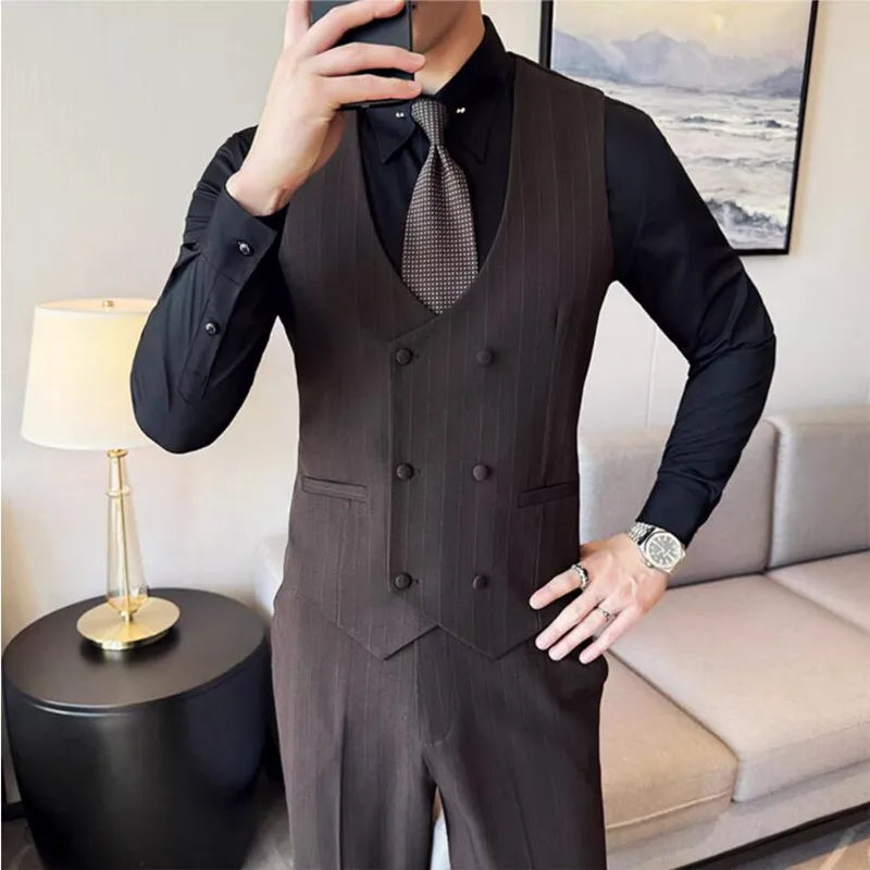 British Style Double-breasted Striped Vest With Pants Men Business Slim Fit Suit Vest 2 pieces Formal Groom Wedding Dress Vest