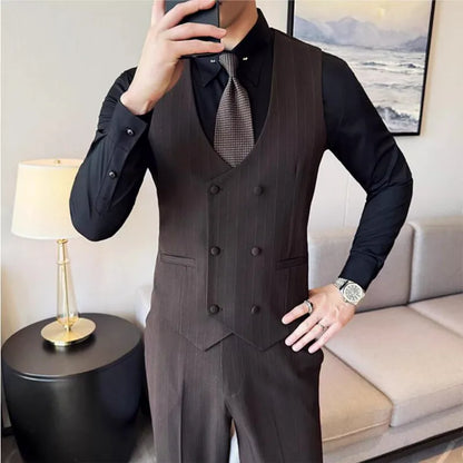 British Style Double-breasted Striped Vest With Pants Men Business Slim Fit Suit Vest 2 pieces Formal Groom Wedding Dress Vest