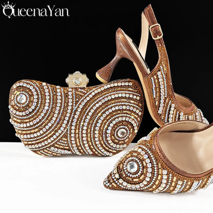 High-end Matching Women's Shoes with Diamond Hard Box Bag Popular in Nigeria Party Women's High Heels