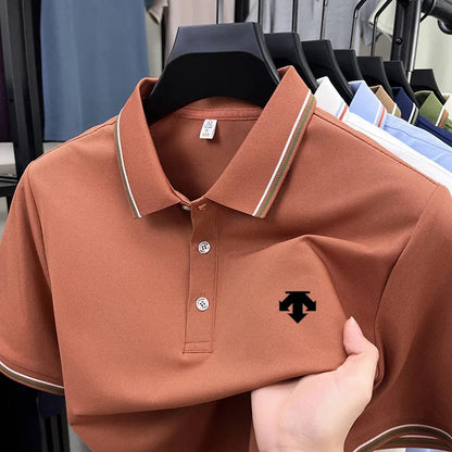 Men's Summer Solid Color Cool Breathable Luxury Polo Shirt Business Casual Collar T-shirt Short Sleeve Top
