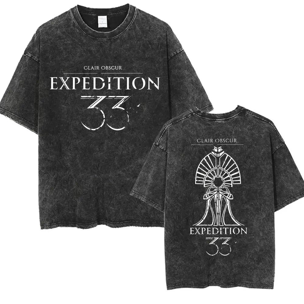 Game Clair Obscur Expédition 33 Vintage Washed T Shirts Men's Women Casual High Quality Oversized Cotton T-shirt Fans Streetwear