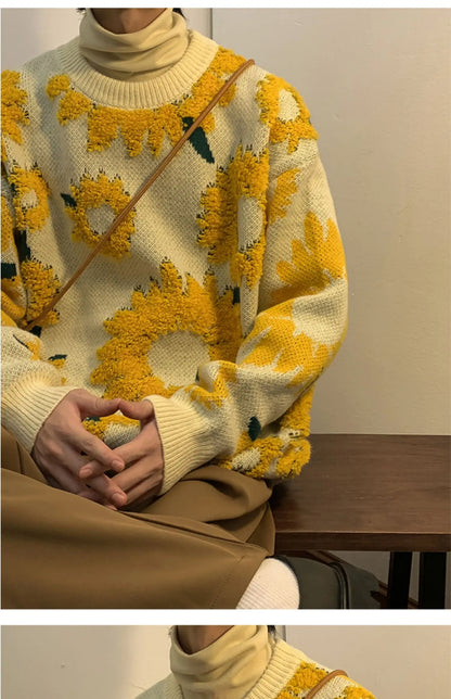 2024 Sweater Winter Sunflower Warm Sweaters  Fashion Male O-Neck Pullovers Sweater Men Loose Casual Sweater Thick Knitted Unisex