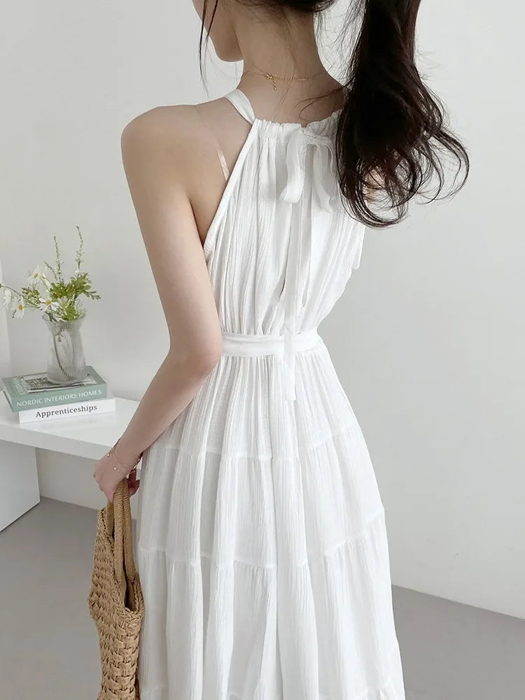 Korean Style Summer Slimming Necktie Waist Cinched Sleeveless Vest Long Dress Women's Fashionable Commute Style Inner Wear