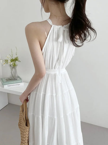 Korean Style Summer Slimming Necktie Waist Cinched Sleeveless Vest Long Dress Women's Fashionable Commute Style Inner Wear