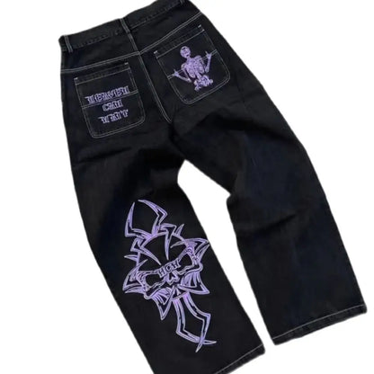 Y2K Jeans Mens Hip Hop Retro Skull Embroidery Washed Baggy Denim Pants New Straight Casual Loose Wide Leg Trouser Streetwear