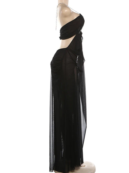 Prom Party Gown Dress Woman Sexy See Through Luxury Chain Halter Low-Neck Backless Sleeveless Midnight Elegant Vestidos