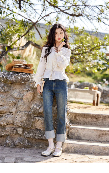 Embroidered Blouse Women 2025 Spring New French Elegant Apricot Lace Premium Drawstring Design V Neck Tops MXE11X1708