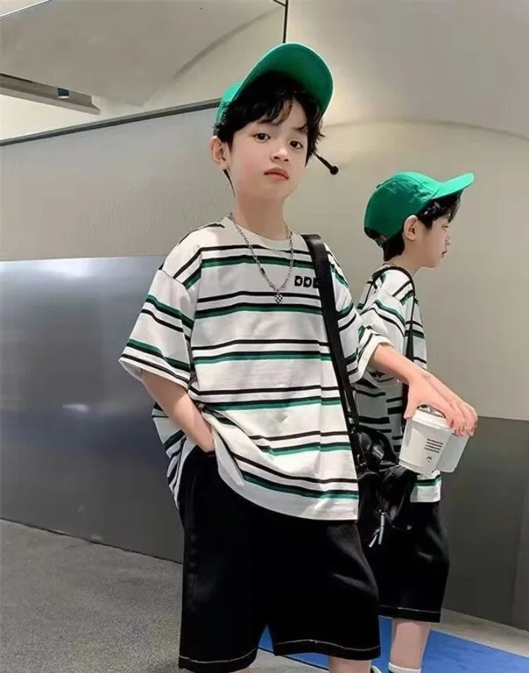 Striped Short-sleeved Shirt Boy Outfit 2025 Children's Clothing Toddler Cartoon Fashion Boys Set Kids Sweatshirt Summer Suit Top