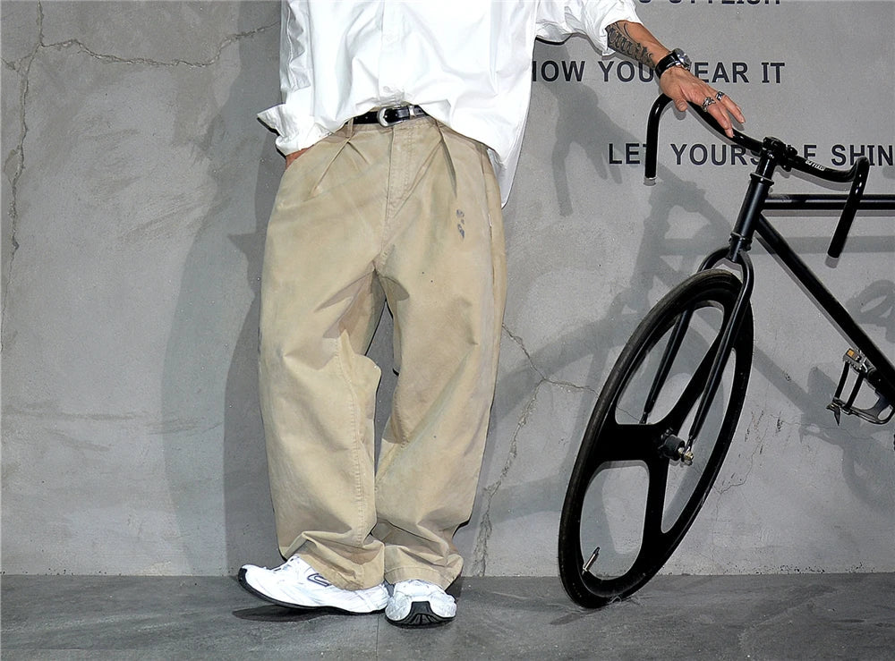 ‌Japanese Premium Vintage Distressed Paint Splash Cargo Pants Men Streetwear Loose Casual Straight Leg Haram Trousers Trendy