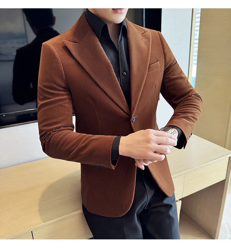Stripe Suit Jacket For Men Autumn Winter Business Slim Fit Tailcoat Formal Wedding Party Fashion Casual Suit Coat 4XL-M