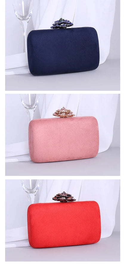 New Winter Velvet Clutch Bag  Diamond Flower Lock Elegant Evening Bag Luxury Designer Purse Wedding Chain Clutch