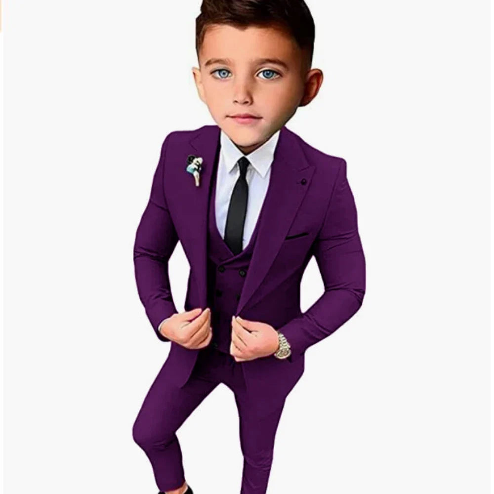 Boys Formal Slim Fit Suits 3 Pieces Holiday Celebration Outfit,Autumn Long Sleeve Kids Peak Lapel Suit Set Wedding Guest Wear