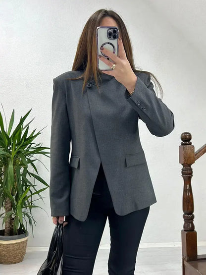 2026 Spring Blazer For Women Fashion Plaid Suit Coat Stand Collar Single Button Long Sleeve Jacket Female Fashion Streetwear