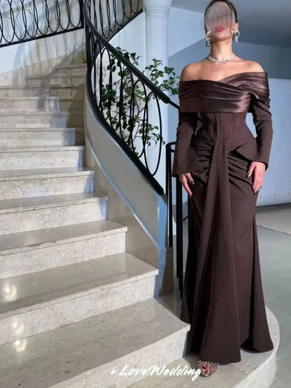 Brown Off the Shoulder Prom Dresses 2026 Long Sleeve Corset Mermaid Pleated Backless Lace-up Wedding Party Dress Customized