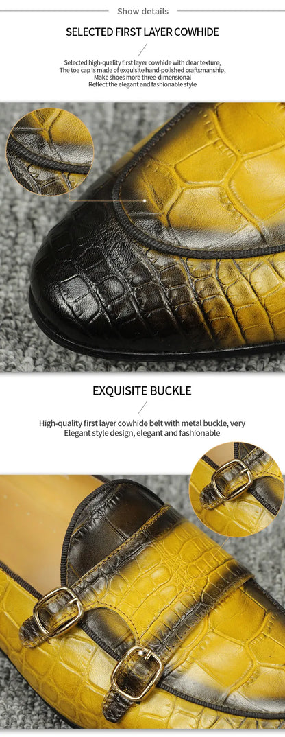Men Loafers Double Monk Strap Slip on Fashion Casual Penny Footwear Business Wedding Evening Genuine Leather Crocodile Printing