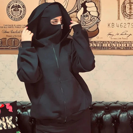 Men and women Balaclava Y2K Gothic Harajuku winter new item double hooded sweatshirt men's hooded mask zipper sportswear