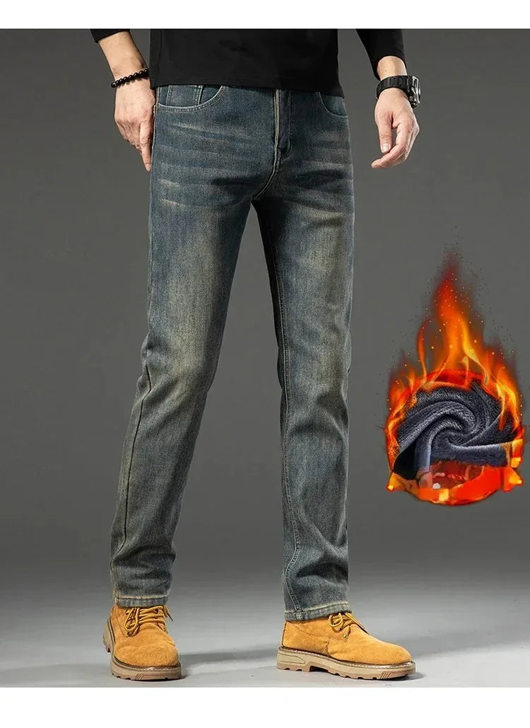High Quality Winter Jeans New Casual Straight Tube with Fleece Thickening Loose Outside Warm Long Pants Streetwear Men