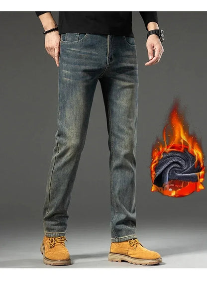 High Quality Winter Jeans New Casual Straight Tube with Fleece Thickening Loose Outside Warm Long Pants Streetwear Men