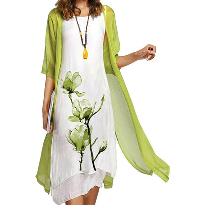 2025 new! Eu-us Summer Women's casual elegance 2 printed crew-neck loose dress sweater coat set