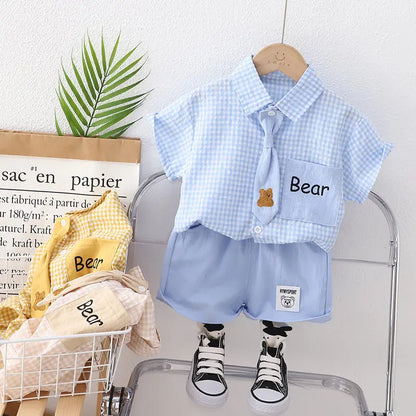 Summer Casual Baby Boy Toddler Causal ClothesPlaid Shirt Tops Pants 2Pcs/Set With Tie Cotton Kids Outfits Clothing Suit