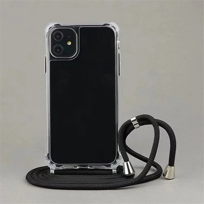 جراب صلب شفاف بحبل تعليق متقاطع لهاتف آيفون 16 15 14 13 12 11 برو ماكس XS XR غطاء ناعم وشفاف