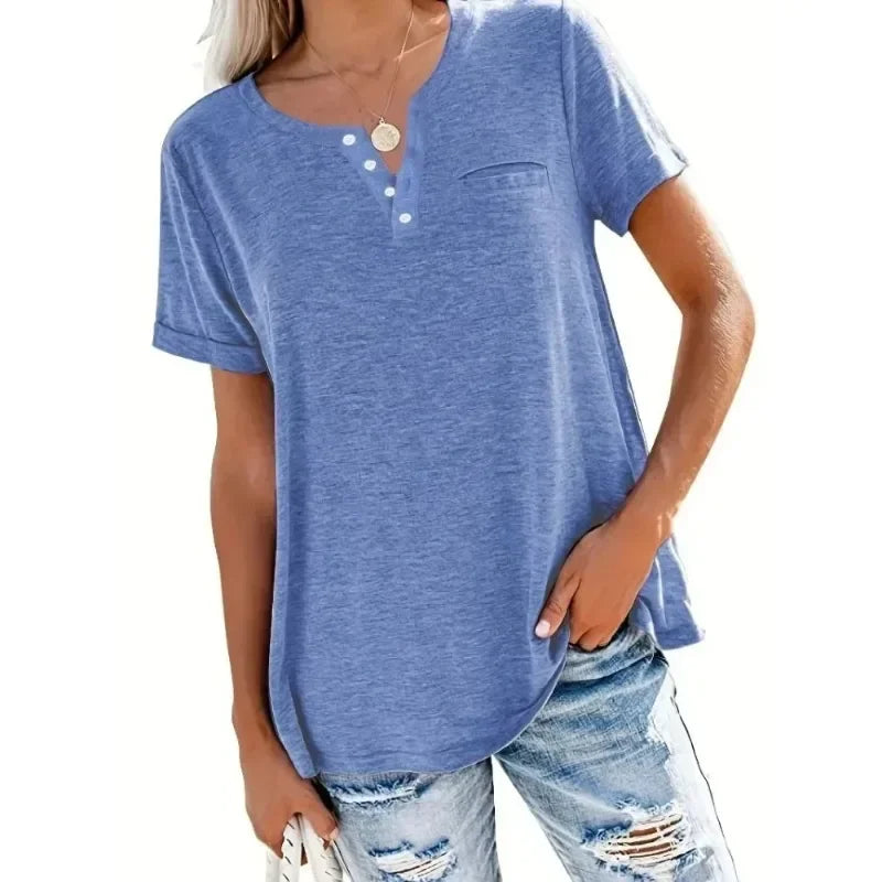 Plus Size 1XL-5XL Women's Spring and Summer New Style Loose Tops Ladies Casual V-neck Short Sleeve Pocket T-shirt