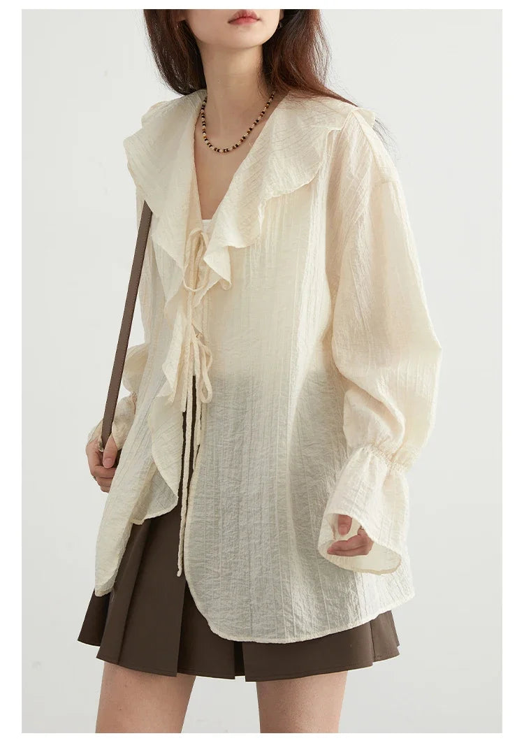 Women Shirt Loose Casual Ruffled Edges Female Blouses V Neck Lace Up Mid Length Woman Shirts Spring Summer 2026