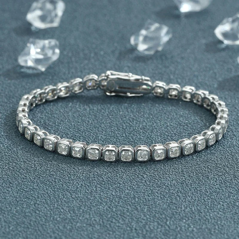 Full Asscher Cut 3x3mm 0.15CT Bezel Type Moissanite Tennis Bracelet for Women Men Party 925 Silver GRA Certified Bracelets