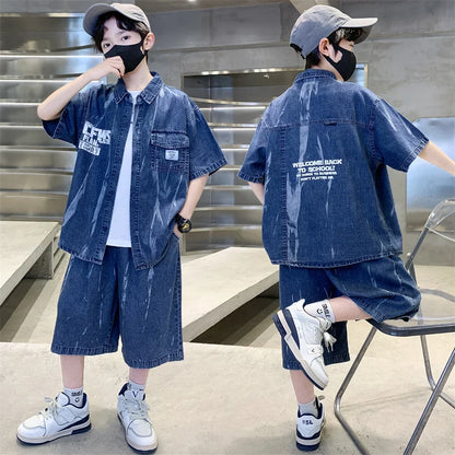Cool Summer Set for Boys Denim Top and Bottom Set Kids Child Short Sleeve Shirt And Shorts 2 Pieces Outfits Suit Age 5-14 Years