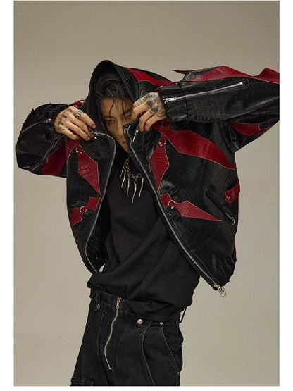 Spring Autumn Cool Handsome Crocodile Print Patchwork Pu Leather Jacket Men Color Block Luxury Designer Clothes 2024