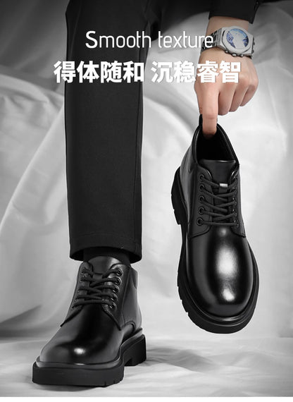 Mens Black Leather Lace Up Mid Top Boots Winter Warm Formal Business Office Wedding Shoes Black Work Boots Fashionable Dad Shoes
