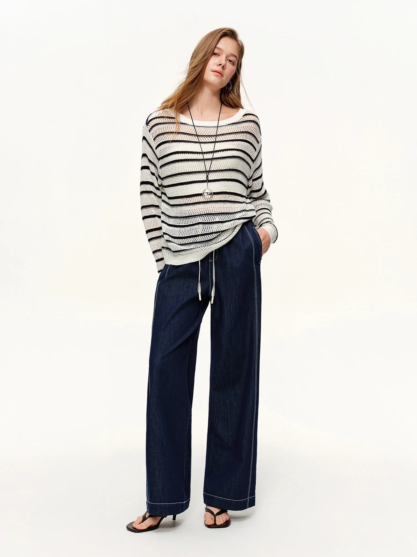 2026 Spring Women's Contrast Topstitching Straight Leg Jeans, Elastic Drawstring Waist Casual Pants for Y2K Street Style