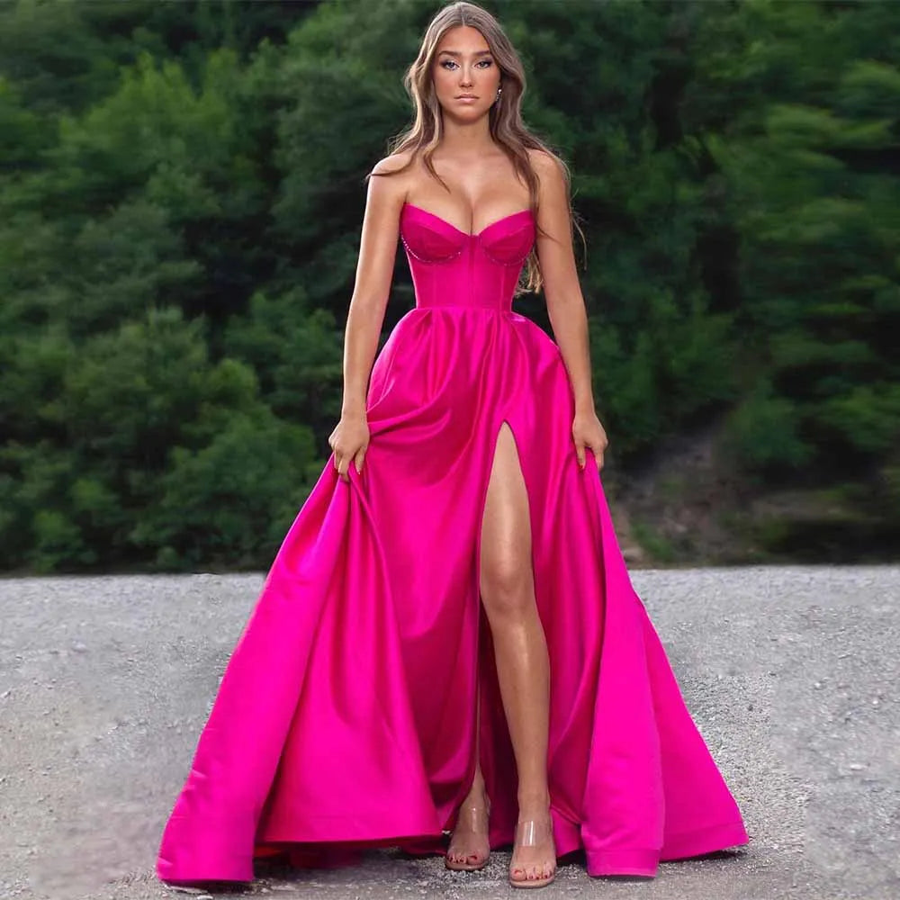 Romantic Prom Dresses for Ladies Satin A-line Celebrity Dress Fuchsia Sweetheart Split Ruched Evening Dress Long 2025