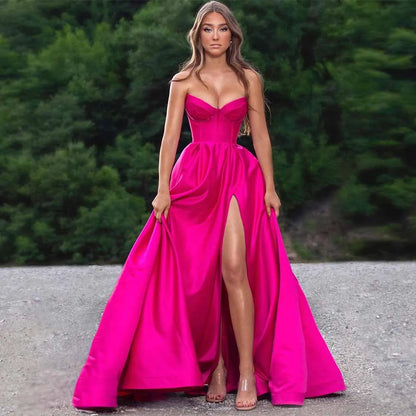 Romantic Prom Dresses for Ladies Satin A-line Celebrity Dress Fuchsia Sweetheart Split Ruched Evening Dress Long 2025