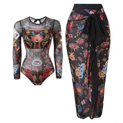 S - XXL Printed Long Sleeve With Sarong One Piece Swimsuit Women Swimwear Female Flowers Padded Bather Bathing Suit Swim V7181