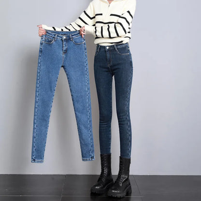 2023 Fashion Women Stretch High Waist Pencil Pants Casual Female Velvet Jeans High Quality Fleece Mom Jeans Thick Plush Pants
