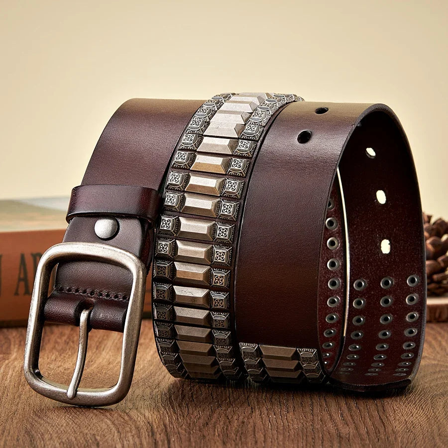 New Cowboy Motorcycle Jeans Heavy Metal Rivet Belts For Men Genuine Leather Belt Punk Rock Male Strap Ceinture Homme