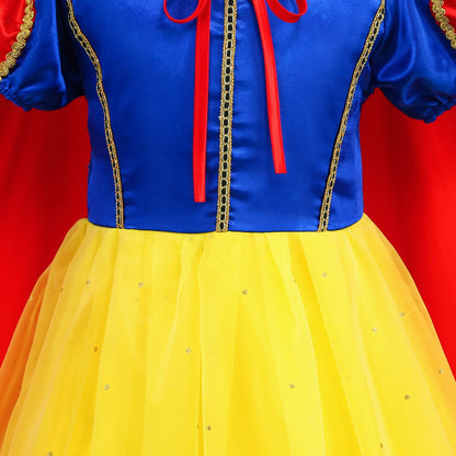 Summer Deluxe Princess Snow White Gown with Cape Girls Fairy Kids Cosplay Costume Toddler Carnival Apparel Halloween Dress up