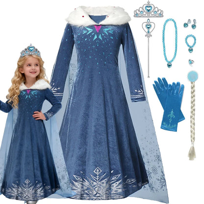 Blue Snowflake Princess Dress Winter Long Sleeve Fur Collar Snow Queen Costume Dress Girl Elsa New Year Christmas Party Clothes