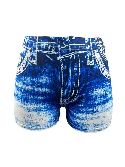 Women's Faux Denim Print High Stretch Slim Shorts, Versatile Yoga Shorts, Polyester Non-Denim Material