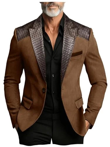 Men's Faux Suede Jacket with PU Leather Collar & Shoulder Two-Tone Blazer Contrast Trim Coat