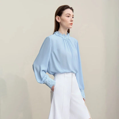 Women's Blouse 2026 Autumn New Elegant Commuter Lace Splicing Chiffon Shirt O-Neck Loose Pullover Tops For Woman 12621067