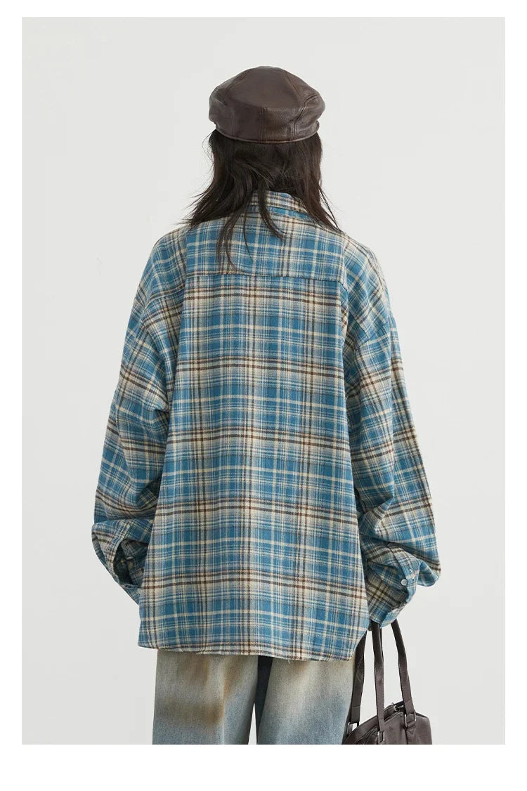 Women's Cotton Shirt Single Breasted Loose New Retro Color Blocked Grid Female Blouses Autumn Spring 2026
