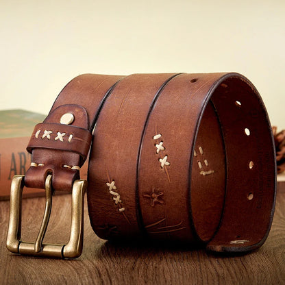 Vintage Genuine leather Luxury Handmade Leather Copper Buckle Man's Belt Cowhide Retro All-match Casual Jeans Soft Belt