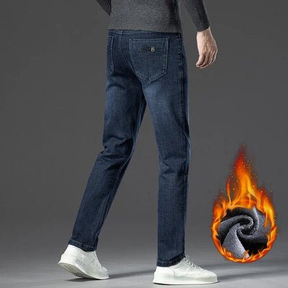 Winter Classic Business Men's Fleece Warm Jeans Straight Stretch Casual Thicken Denim Trousers Washed Fashion Velvet Male Pants